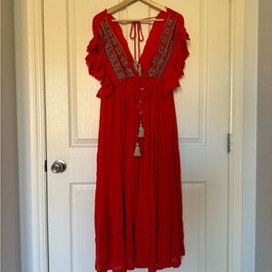 Free People Red Ruffled Tiered Maxi Dress